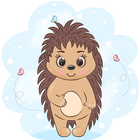 <p>cute hedgehog on a blue background with butterflies</p>のイラスト素材