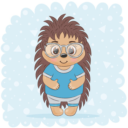 cute hedgehog in blue clothes on a blue backgroundの写真素材