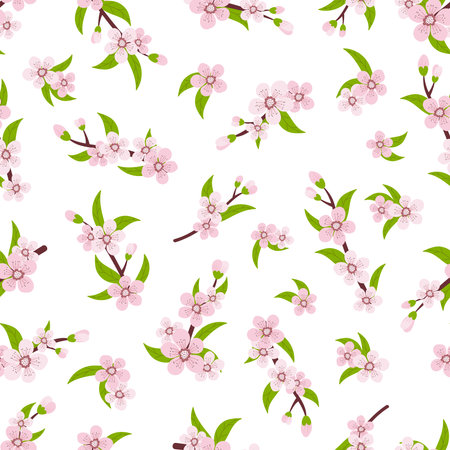 seamless pattern on a white background of a branch with pink flowers and leavesのイラスト素材