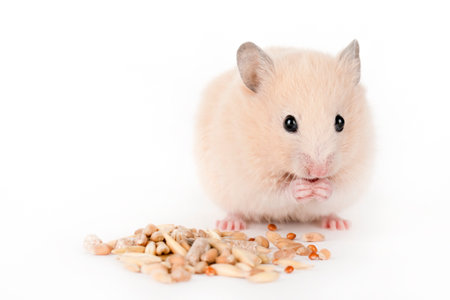 brown hamster eat food on a light backgroundの写真素材