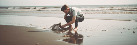 a man on the beach cleans up the garbage. ecology, banner.aiの素材