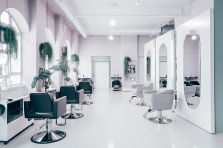 A hair salon with a white wall and a large mirror.の素材