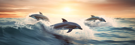 Dolphins in the ocean with a wave, banner.aiの素材