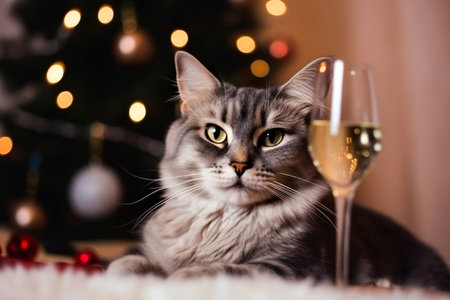 cute cat lying on christmas backgroundの素材