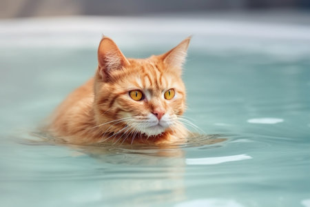 cute tabby red cat swims in the poolの素材