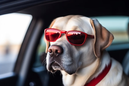 dog Labrador in sun protection glasses rides in the carの素材