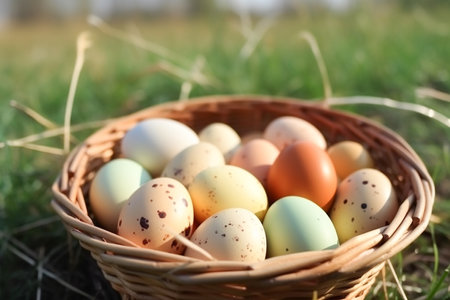 Easter colorful eggs in a basket on a green meadowの素材