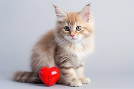 Kitten with toy heart isolated on a white backgroundの素材