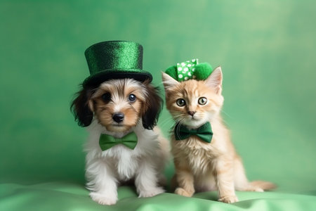 puppy and kitten in green hats, st. patrick's dayの素材