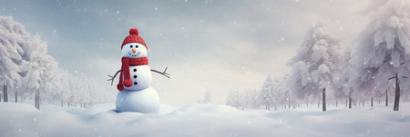 cute snowman in a red hat and scarf stands near the snowy treesの素材