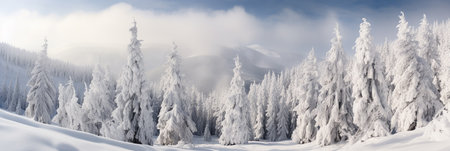 Winter background Snow Christmas trees in the mountains.の素材