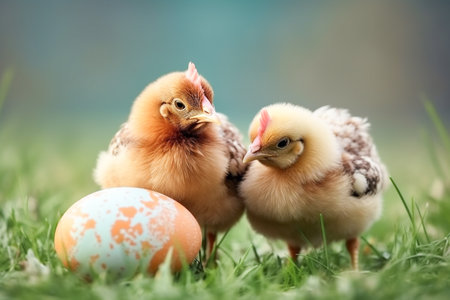 Chickens and easter eggs on green grass. Easter backgroundの素材