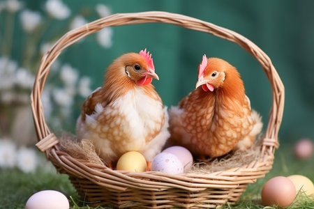 Easter eggs and chickens in a wicker basket on green backgroundの素材