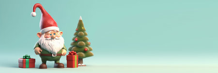 Christmas gnome with gifts near Christmas tree, banner.