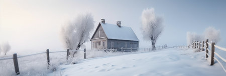 House in a winter snowfieldの写真素材