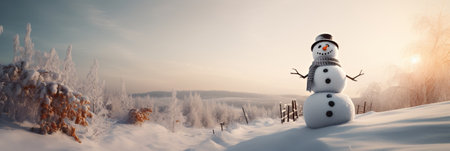Snowman in winter field, bannerの写真素材