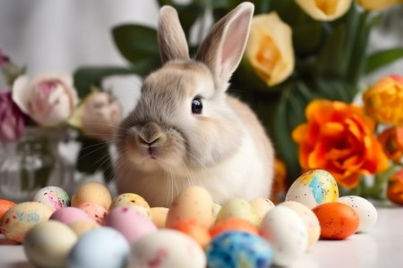 Easter background with bunny and eggs.