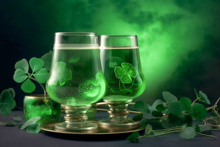 St. Patrick's Day, green beer in glasses.