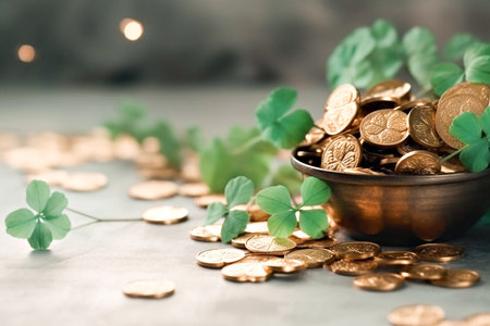St. Patrick's Day, Gold Coins With Clover, Banner.の写真素材