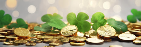 St. Patrick's Day, Gold Coins With Clover, Banner.の写真素材