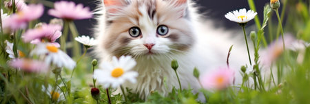 Cute kitten on green lawn with flowers.の素材