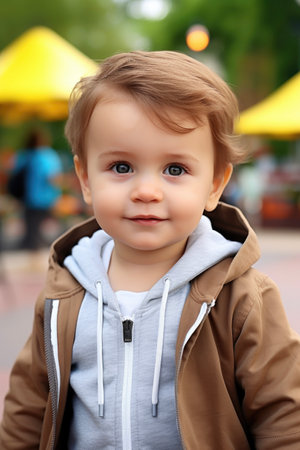 Portrait of a cute little boy on a walk.の素材
