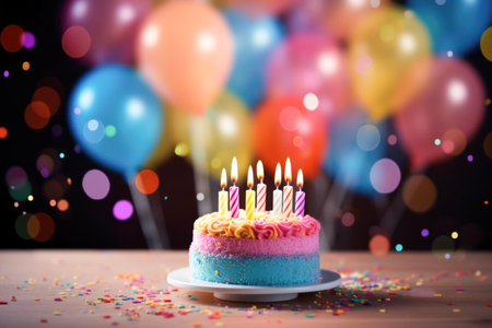 Birthday cake with candles, bright lights bokeh.の素材