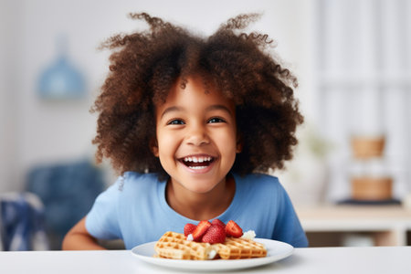 Black little girl having breakfast in a light kitchen.の素材