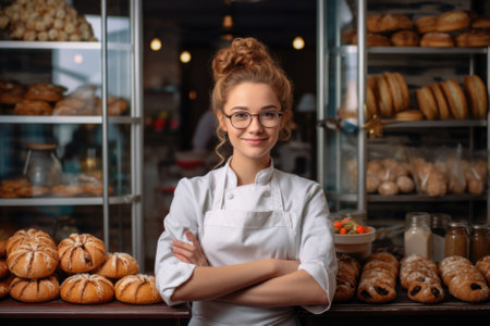 Portrait of cute girl baker pastry chef.の素材
