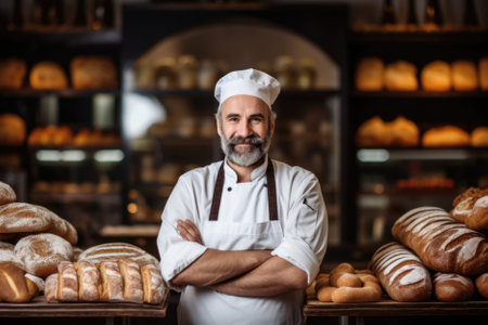 Portrait of a man baker in a bakery.の素材