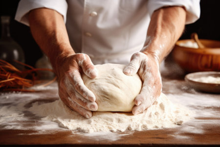 Male baker's hands making dough.の素材