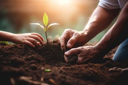 Male and children's hands planting a sapling.の素材