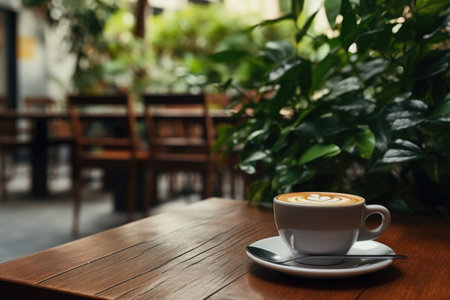 Coffee mug on wooden table.の素材