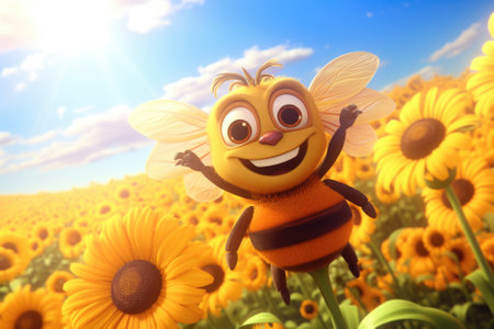 Cartoon bee in a field with flowers.の素材