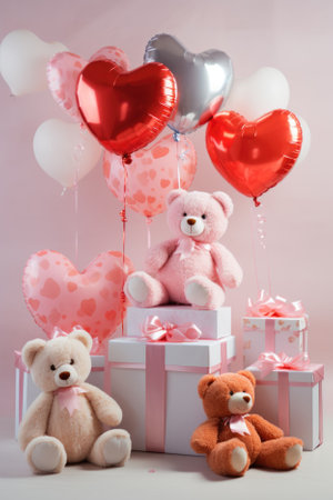 Valentine's Day Bear with Gifts and Balloons.の素材