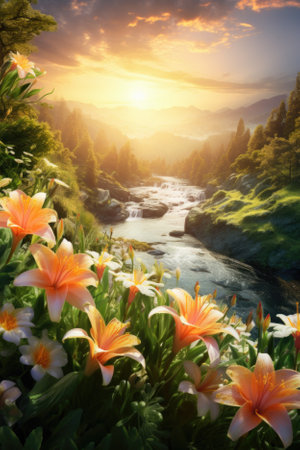 A meadow of flowers on the background of the sun.の素材