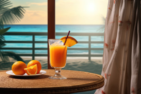 Fruit drink on the background of the sea.の素材