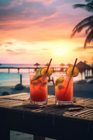 Fruit drink on the background of the sea.の素材