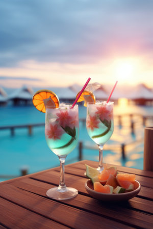 Fruit drink on the background of the sea.の素材