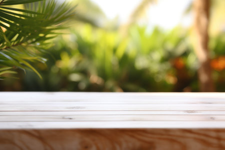 Wooden table top with blurred background.の素材