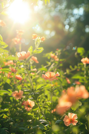 A meadow of flowers on the background of the sun.の素材