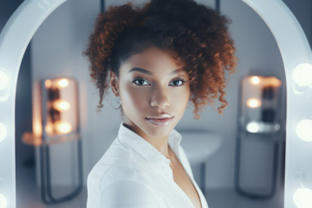 portrait of a black girl in a beauty salon.の素材
