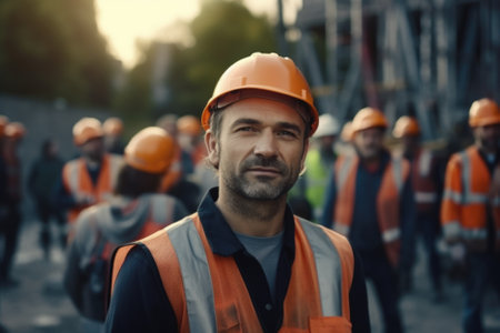 Male construction worker in helmet at construction site.の素材
