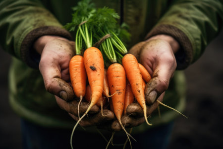 Freshly picked carrots in farmer's hands.の素材