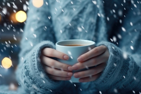 Close-up in female hands of coffee mug.の素材