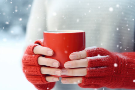 Close-up in female hands of coffee mug.の素材