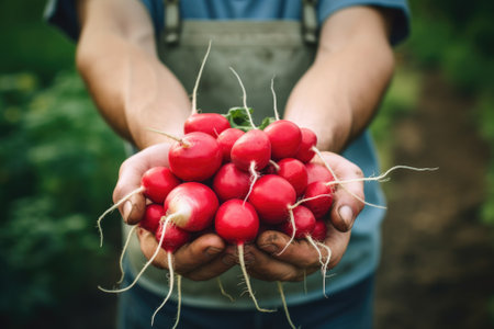 Freshly picked radishes in the hands of a farmer.の素材