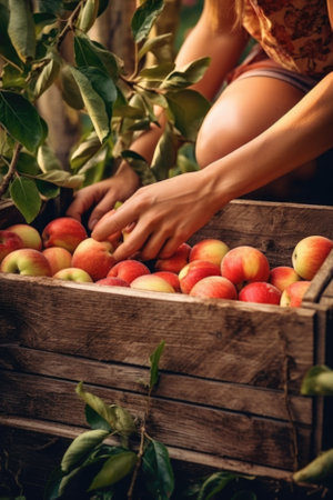 Male hands sorting apples in wooden box.の素材