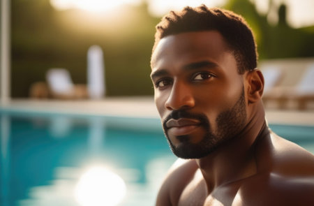 man in front of a pool.の素材