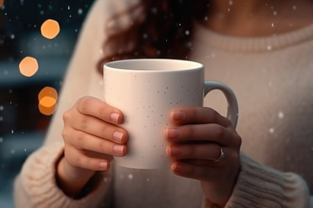Close-up in female hands of coffee mug.の素材